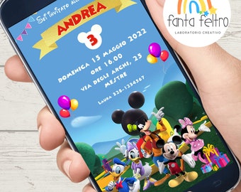 Personalisierte Mickey-Mouse-Geburtstagsparty-Einladung für Jungen und Mädchen zum Ausdrucken und WhatsAppen