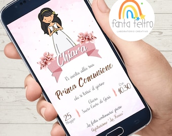 Personalized First Communion digital announcement invitation for girls to print and whatsapp - DIGITAL FILE