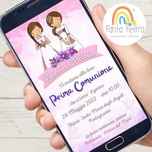 Invito Prima Comunione Digitale bambine gemelle gemelli personalizzato da stampare e whatsapp - FILE DIGITALE