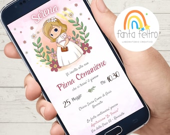 Personalized First Communion digital announcement invitation for girls to print and whatsapp - DIGITAL FILE