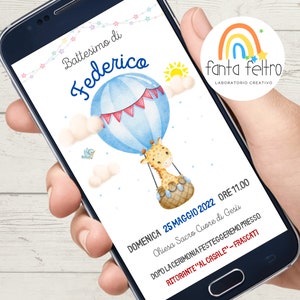 Invito Battesimo bambino bimbo mongolfiera Digitale personalizzato da stampare e whatsapp