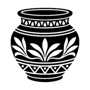 Puede incluir: Un jarrón en blanco y negro con un cuerpo ancho y redondeado y un borde acampanado. El diseño incluye una banda central de patrones de hojas blancas, un borde superior de formas de gotas blancas y un borde inferior de triángulos blancos con puntos.
