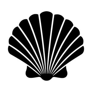 May include: A solid black silhouette of a fan-shaped scallop shell. The graphic features a central hinge point at the bottom with distinct, radiating ridges that extend outward to form the rounded, scalloped edge of the shell icon.