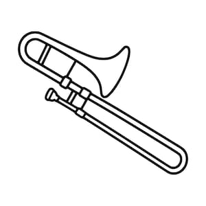 Könnte beinhalten: Eine schwarz-weiße Strichzeichnung einer Posaune. Das Musikinstrument ist aus einer Seitenansicht dargestellt und zeigt den langen Zug, den Schallbecher und das Mundstück, die durch dicke schwarze Umrisse auf weißem Hintergrund definiert sind.