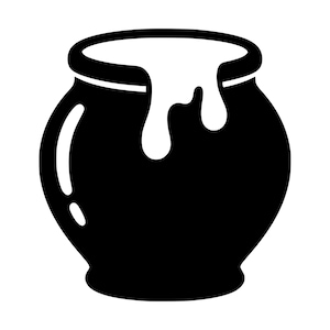 Peut inclure: Une illustration graphique en noir et blanc représentant un pot arrondi avec une large ouverture. Le pot présente une substance épaisse et visqueuse qui coule sur le bord supérieur, représentée en blanc uni sur le corps noir du récipient.