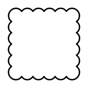 May include: A square shape with a thick black outline and a scalloped edge on all four sides. The interior of the square is white, creating a high-contrast graphic element that features rounded curves along the perimeter of the square frame.