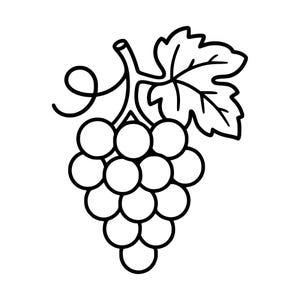 May include: A black and white line art illustration of a cluster of grapes. The design features a bunch of round grapes attached to a stem with a single large, lobed leaf and a small, curled vine tendril extending from the top section.