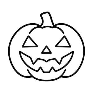 May include: A black and white line art illustration of a jack-o'-lantern pumpkin. The design features a rounded pumpkin shape with a stem on top, two triangular eyes, a small triangular nose, and a wide, jagged, toothy grin.
