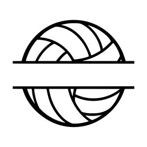Könnte beinhalten: Eine schwarz-weiße grafische Darstellung eines Volleyballs mit einem horizontalen Schlitz in der Mitte. Das Design besteht aus kräftigen schwarzen Linien, die die Kugelform des Balls mit geschwungenen Paneelen und einem leeren rechteckigen Raum bilden.