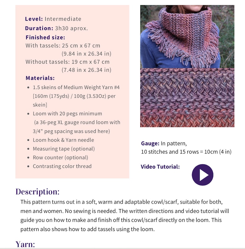 Loom Knit Fall Cowl / Scarf with Tassels / Fringes Pattern Video Tutorial image 2