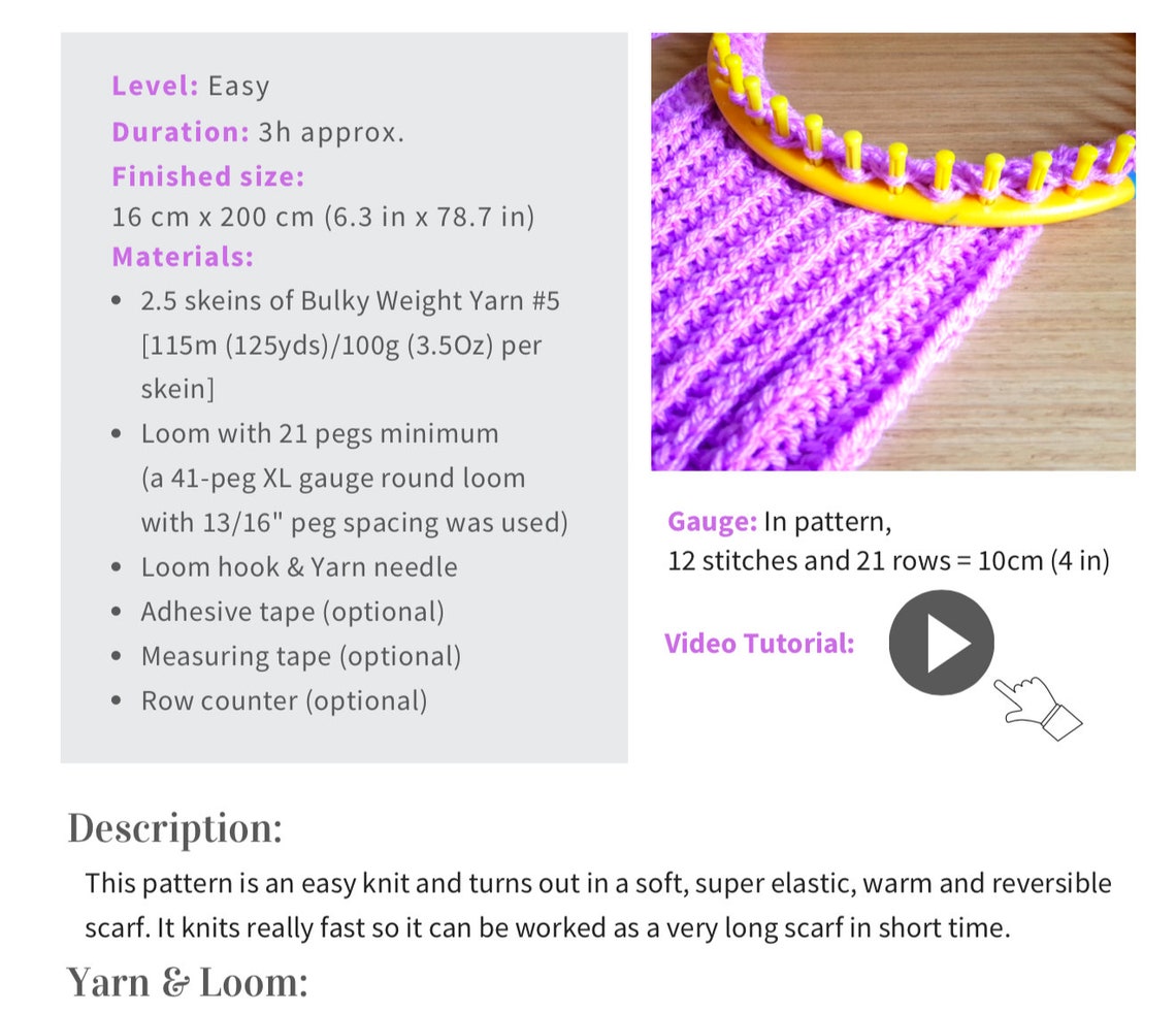 Loom Knit Brioche Stitch Scarf Pattern Video Tutorial Etsy