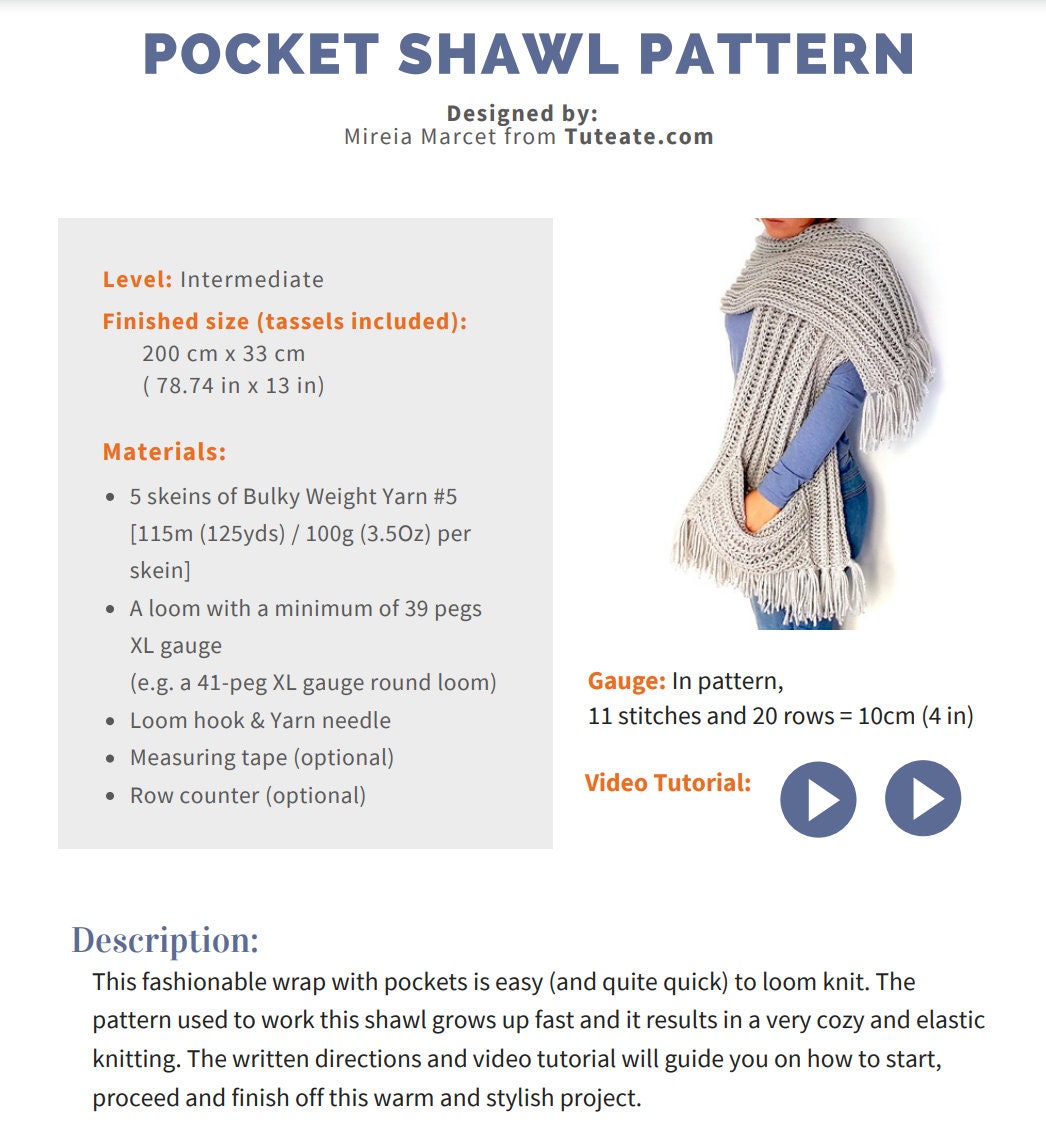 Loom Knit Pocket Shawl Pattern + Video Tutorial - Etsy