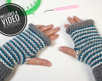 Loom Knit Striped Fingerless Gloves / Fingerless Mitts Pattern + Video Tutorial