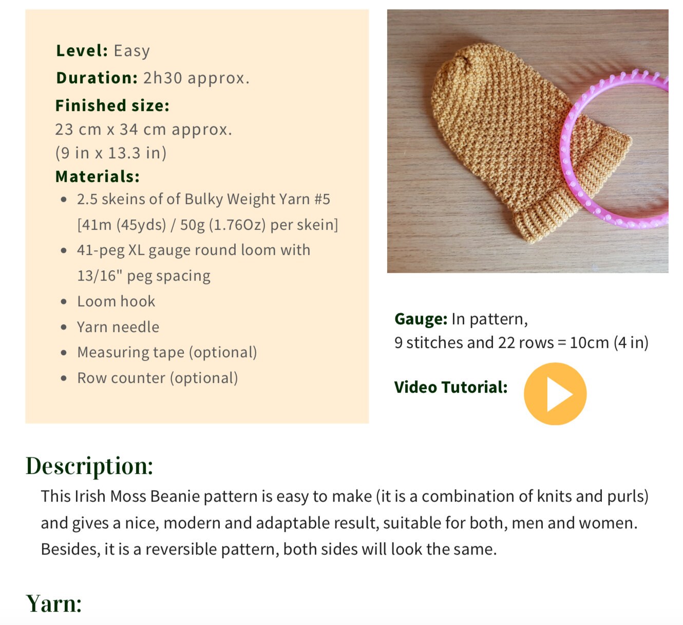 Loom Knit Irish Moss Slouchy Beanie Hat Pattern + Video Tutorial - Etsy