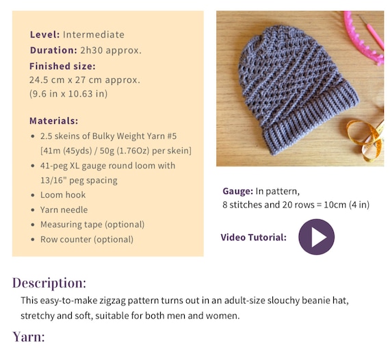 Loom Knit Zigzag Slouchy Beanie Hat Pattern Video Tutorial