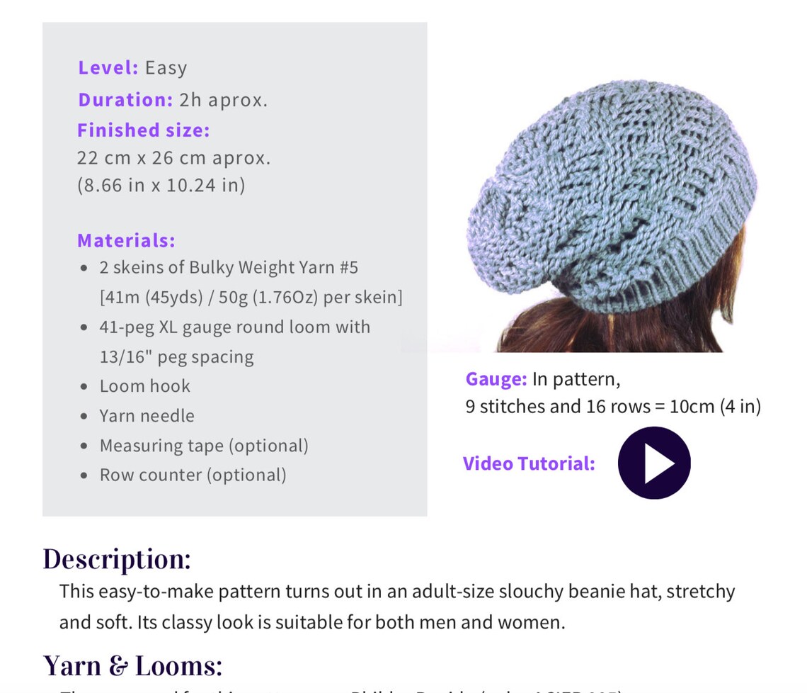 Loom Knit Basketweave Slouchy Beanie Hat Pattern Video | Etsy