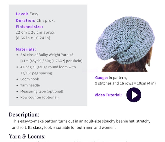 Loom Knit Basketweave Slouchy Beanie Hat Pattern Video Tutorial