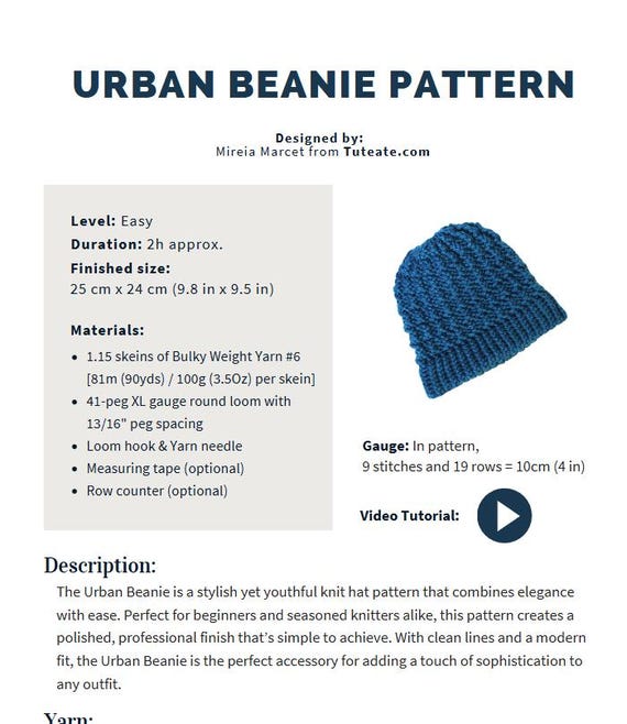 Loom Knit Urban Beanie Hat Pattern Video Tutorial