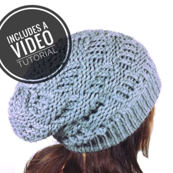 Patrón de Gorro en punto canasta / Slouchy Beanie punto cesta / Boina de punto basketweave tejida en telar + Vídeo Tutorial