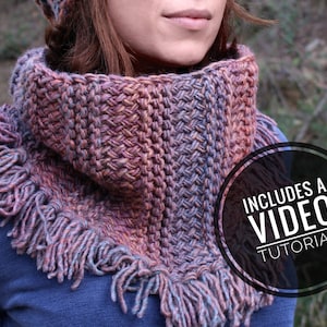 Loom Knit Fall Cowl / Scarf with Tassels / Fringes Pattern Video Tutorial image 1