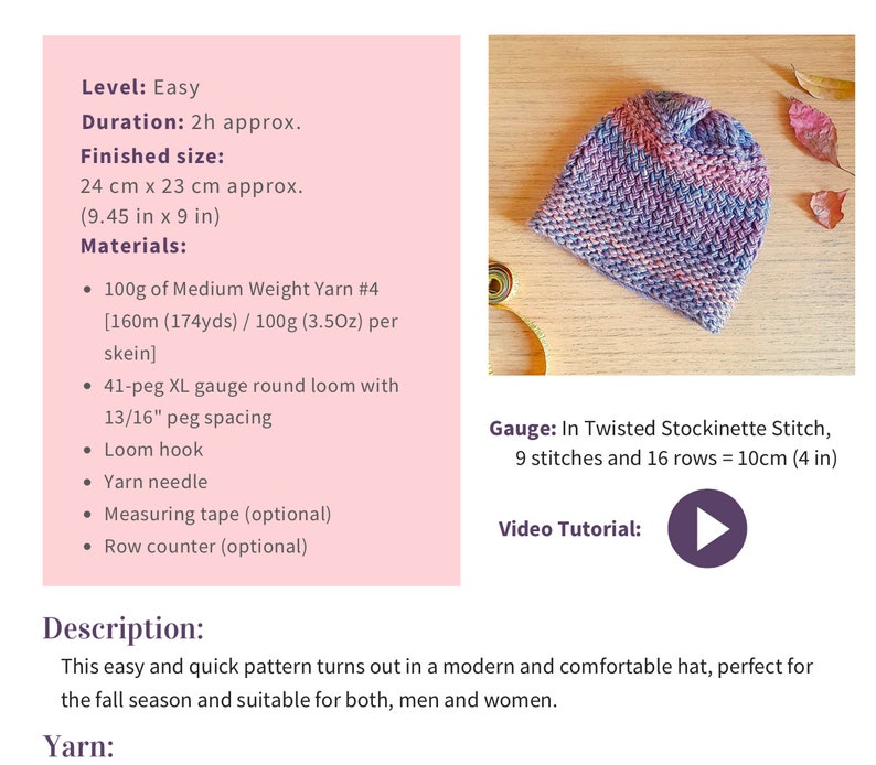 May include: A purple and pink knitted beanie hat with a twisted stockinette stitch. The hat is on a wooden surface with a measuring tape and fall leaves. The text "Gauge: In Twisted Stockinette Stitch, 9 stitches and 16 rows = 10cm (4 in)" is visible.