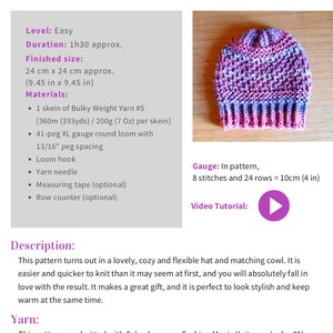 Pu&ograve; includere: Un cappello di lana rosa e viola con un motivo testurizzato. Il cappello &egrave; realizzato con filato di peso spesso e ha un diametro di circa 24 cm. L'immagine include le istruzioni per realizzare il cappello, inclusi i materiali necessari, il campione e un tutorial video.