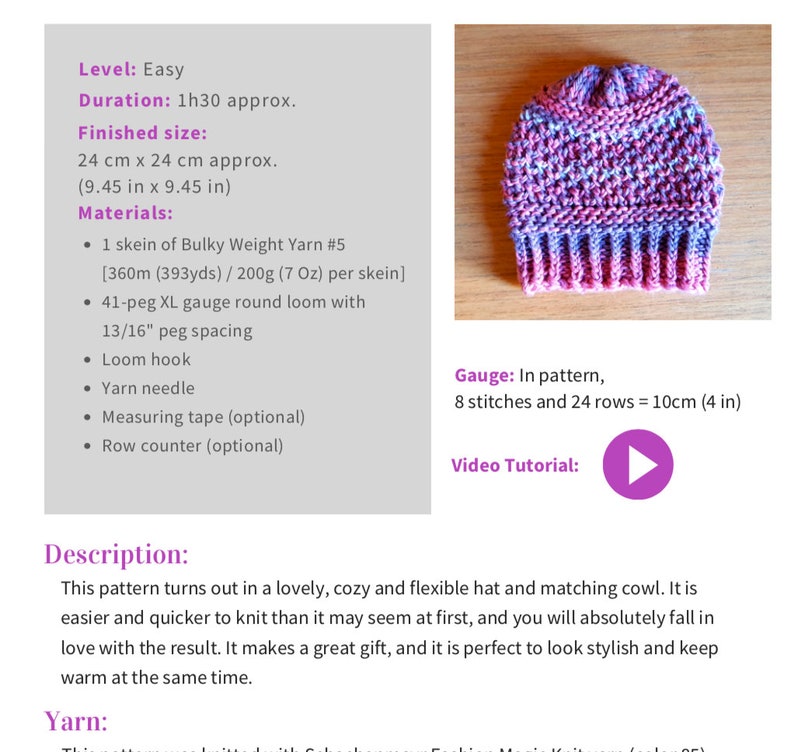Pu&ograve; includere: Un cappello di lana rosa e viola con un motivo testurizzato. Il cappello &egrave; realizzato con filato di peso spesso e ha un diametro di circa 24 cm. L'immagine include le istruzioni per realizzare il cappello, inclusi i materiali necessari, il campione e un tutorial video.