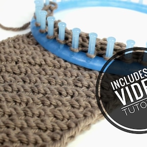 May include: A close-up of a brown knitted fabric on a blue plastic loom. The loom has a circular shape and is used for knitting. The fabric is made with a simple stitch pattern. The image includes the text "Includes a Video Tutorial".