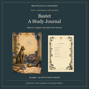 Puede incluir: Un diario de estudio digital titulado Bastet A Study Journal con iconografía egipcia. La portada muestra una estatua de gato, pergaminos y flores de loto. La página interior incluye un formulario de registro de objetos con bordes florales.