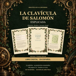 Puede incluir: Un libro digital titulado La Clavícula de Salomón Explicada, que muestra tres páginas con bordes florales ornamentados, texto dorado sobre fondo verde oscuro y elementos decorativos que incluyen una esfera armilar y una pluma.