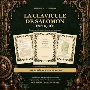 Puede incluir: Un libro digital titulado La Clavicule de Salomon expliquée, que muestra tres páginas con bordes florales, texto dorado sobre fondo verde oscuro y elementos decorativos que incluyen una esfera armilar y una pluma.