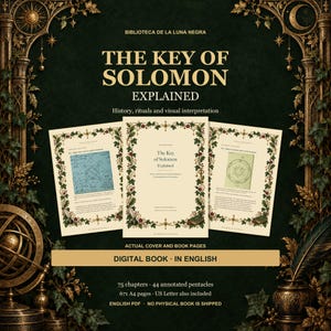 Puede incluir: Un libro digital titulado The Key of Solomon Explained, con un fondo verde oscuro y bordes dorados, tres páginas mostradas con texto y diagramas, y detalles que incluyen 75 capítulos y 44 pentáculos anotados en el contenido.