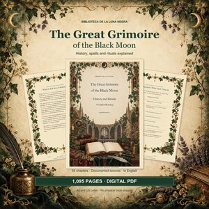 Puede incluir: Un documento PDF digital titulado The Great Grimoire of the Black Moon, que contiene 1.095 páginas de historia, hechizos y rituales. La portada muestra un libro abierto en una biblioteca, rodeado de bordes botánicos y texto decorativo.