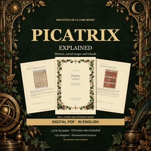 Puede incluir: Un PDF digital titulado Picatrix Explained, que presenta una portada central con bordes florales flanqueada por dos páginas interiores que muestran ilustraciones históricas y texto. El fondo verde oscuro está enmarcado por pilares dorados ornamentados.