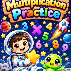 Folhas de exercícios de multiplicação para crianças de 5 a 8 anos, tabuada de 1 a 12, livro de exercícios de matemática para imprimir, atividades matemáticas com tema espacial, PDF para ensino domiciliar