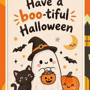 Puede incluir: Una tarjeta de felicitación rectangular con fondo crema y el texto Have a boo-tiful Halloween. La ilustración muestra un fantasma blanco con un sombrero de bruja negro, un gato negro y una calabaza naranja, todos con caras sonrientes.