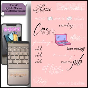Könnte beinhalten: Ein digitales Sticker-Set mit rosa Hintergründen, verschiedenen bürobezogenen Texten und Illustrationen, darunter ein Laptop, Briefumschläge und Phrasen wie Home office, Ciao work, early bird, friday, work, team meeting, tuesday, love my job und work bestie.