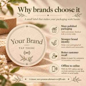 May include: A round, cream-colored NFC label featuring the text Your Brand, TAP THERE, and a signal icon. The label includes decorative leaf illustrations and text explaining benefits like polished packaging, brand identity, and offline to online connectivity.