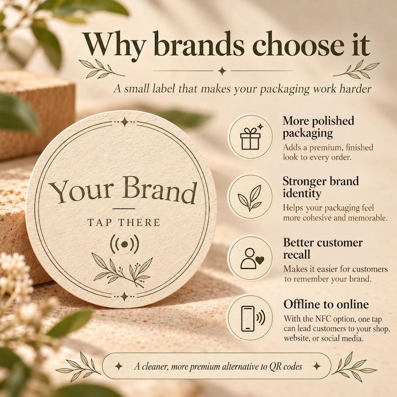 May include: A round, cream-colored NFC label featuring the text Your Brand, TAP THERE, and a signal icon. The label includes decorative leaf illustrations and text explaining benefits like polished packaging, brand identity, and offline to online connectivity.