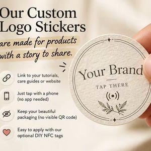 May include: A round, off-white NFC sticker featuring the text Your Brand and TAP THERE, along with a wireless signal icon and a botanical illustration. The sticker includes text about linking to tutorials and websites.