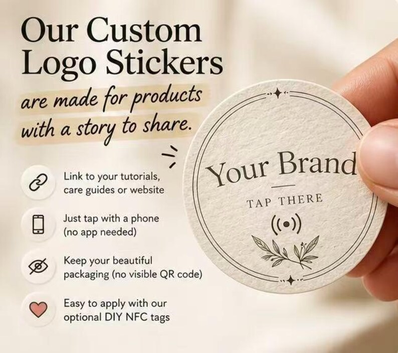 May include: A round, off-white NFC sticker featuring the text Your Brand and TAP THERE, along with a wireless signal icon and a botanical illustration. The sticker includes text about linking to tutorials and websites.