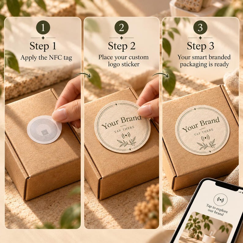 May include: A three-step instructional graphic for applying an NFC tag to a cardboard box. Step 1 shows applying the tag, step 2 shows placing a custom logo sticker over it, and step 3 shows the finished packaging with a smartphone interface.
