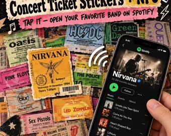 Rock Music Ticket Stickers, With NFC Tags, For Scrapbook, 42 Piece Journal Pack, Custom Stickers