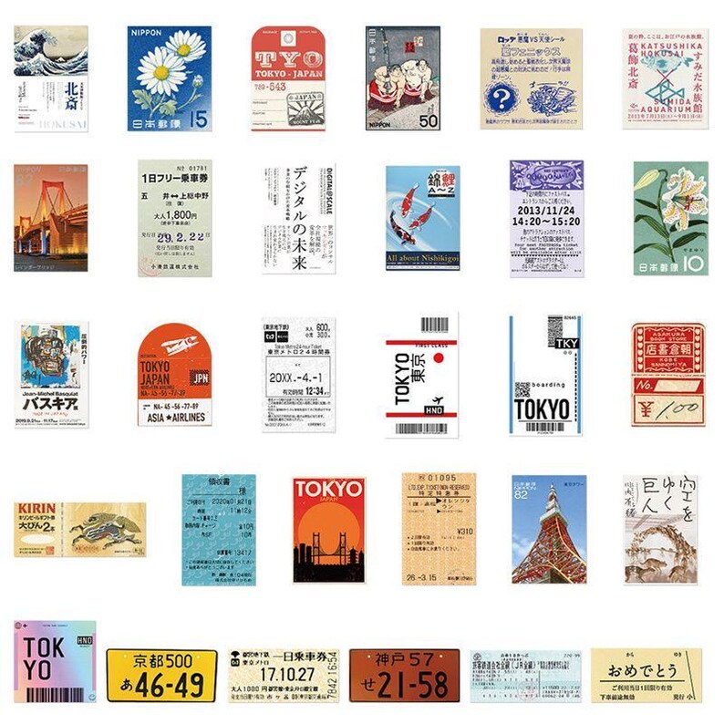Grid of Japan travel stickers
