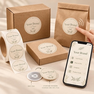 May include: A collection of round adhesive labels featuring the text Your Brand, Tap There, and a signal icon. The set includes a roll of stickers, a brown box, a paper bag, a circular NFC tag, and a smartphone displaying a digital menu.