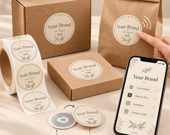 May include: A collection of round adhesive labels featuring the text Your Brand, Tap There, and a signal icon. The set includes a roll of stickers, a brown box, a paper bag, a circular NFC tag, and a smartphone displaying a digital menu.
