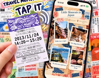 May include: A smartphone displaying a digital travel scrapbook page titled Little Moments in Japan, featuring photos of a temple, a cat, a train, and food, alongside a purple Buzz Lightyear Astro Blasters ticket with the date 2013/11/24.