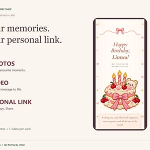 May include: An interactive digital birthday card featuring the text 'Happy Birthday, Linnea!' and 'May your day be as sweet as you'. The design includes a pink cake with three lit candles, cherries, and a small bear, plus a personal link feature.