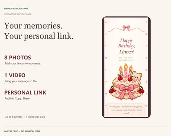 May include: An interactive digital birthday card featuring the text 'Happy Birthday, Linnea!' and 'May your day be as sweet as you'. The design includes a pink cake with three lit candles, cherries, and a small bear, plus a personal link feature.