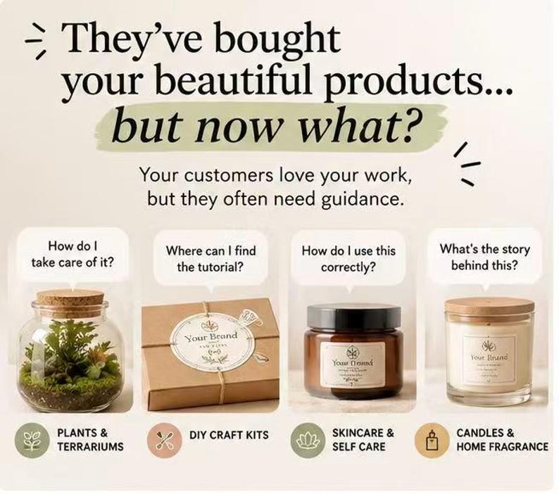 May include: An educational graphic with the text: They've bought your beautiful products... but now what? Your customers love your work, but they often need guidance. It features a glass terrarium, a brown box, a jar, and a candle.